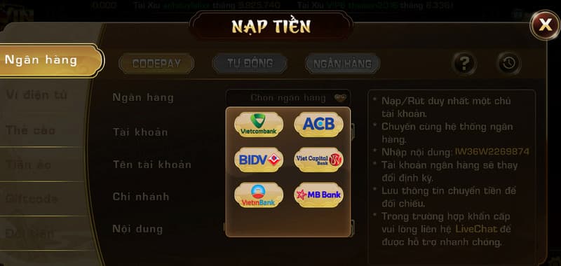 Nạp tiền qua ngân hàng